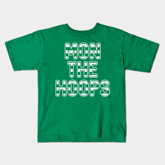 Mon The Hoops, Glasgow Celtic Football Club Green and White Striped Text Design Kids T-Shirt by MacPean